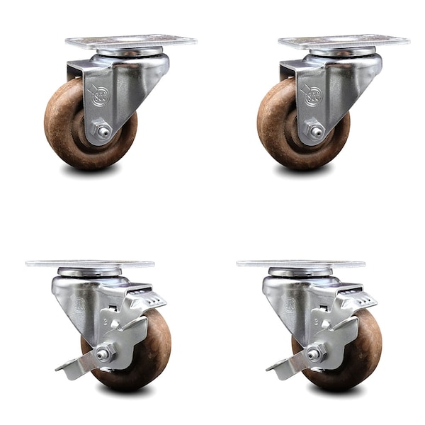 3 Inch High Temp Glass Filled Nylon Swivel Top Plate Caster Set with 2 Brakes